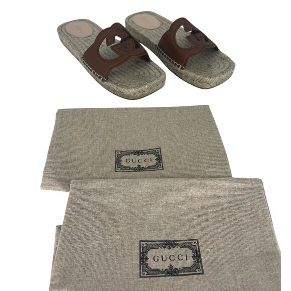 Gucci Carlos Interlocking GG Cut Out Slide Espadrille Sandals in Brown - Picture 6 of 16